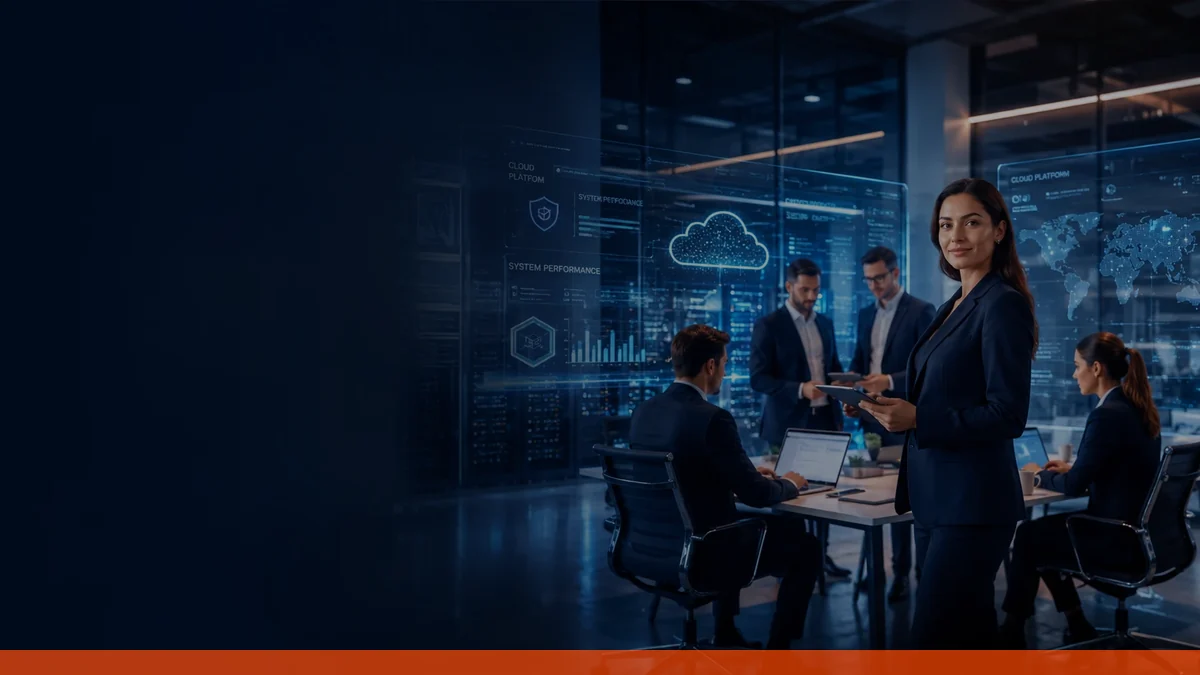 Moderne IT-Komplettlösung mit Servern, Cloud und Business-Team